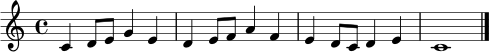 \relative c' {
\clef treble
\key c \major
\time 4/4
c4 d8 e g4 e | d4 e8 f a4 f | e4 d8 c d4 e | c1 \bar "|."
}