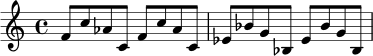 
\relative c' {
  \time 4/4
  f8 c' aes c, f c' aes c, |
  ees8 bes' g bes, ees bes' g bes, |
}
