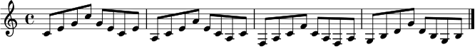 \relative c' {
\clef treble
\time 4/4
\key c \major
c8 e g c g e c e
a,8 c e a e c a c
f,8 a c f c a f a
g8 b d g d b g b
\bar "|."
}