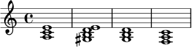 \relative c' {
\key a \minor
\time 4/4
<a c e>1 |
<gis b d e>1 |
<g b d>1 |
<f a c>1 |
}