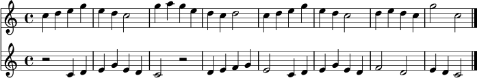 \version "2.24.0"
\header { tagline = ##f }
\score {
<<
\new Staff \relative c'' {
\clef treble
\key c \major
\time 4/4
c4 d e g | e d c2 | g'4 a g e | d c d2 |
c4 d e g | e d c2 | d4 e d c | g'2 c,2 \bar "|."
}
\new Staff \relative c' {
\clef treble
\key c \major
\time 4/4
r2 c4 d | e g e d | c2 r2 | d4 e f g |
e2 c4 d | e g e d | f2 d | e4 d c2 \bar "|."
}
>>
\layout { }
\midi { \tempo 4 = 92 }
}