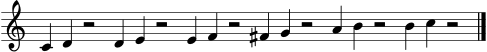 \version "2.24.0"
\language "deutsch"
\header { tagline = ##f }
\score {
\new Staff \with { \remove "Time_signature_engraver" } {
\clef treble
\cadenzaOn
c'4 d' r2
d'4 e' r2
e'4 f' r2
fis'4 g' r2
a'4 h' r2
h'4 c'' r2
\bar "|."
}
\layout { }
\midi { \tempo 4 = 70 }
}