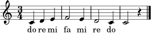 
\relative c' {
\time 3/4
\key c \major
c4 d e | f2 e4 | d2 c4 | c2 r4 |
\bar "|."
}
\addlyrics { do re mi fa mi re do }
