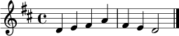 \transpose c d \relative c' {
\clef treble
\key c \major
\time 4/4
c4 d e g | e d c2 \bar "|."
}