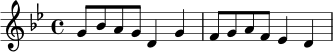 \relative c'' {
\key g \minor
\time 4/4
g8 bes a g d4 g |
f8 g a f ees4 d |
}
