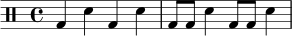 
\new DrumStaff \drummode {
  \time 4/4
  bd4 sn bd sn |
  bd8 bd sn4 bd8 bd sn4 |
}
