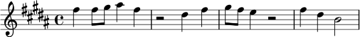\relative c'' {
\key b \major
\time 4/4
fis4 fis8 gis ais4 fis |
r2 dis4 fis |
gis8 fis e4 r2 |
fis4 dis b2
}