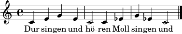 \relative c' { \clef treble \time 4/4 c4 e g e c2 c4 es g es c2 \bar "|." }
\addlyrics { Dur sin -- gen und hö -- ren Moll sin -- gen und hö -- ren }