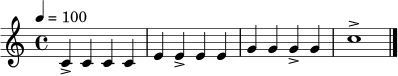 \relative c' { \time 4/4 \tempo 4 = 100 c4-> c c c | e4 e-> e e | g4 g g-> g | c1-> \bar "|." }