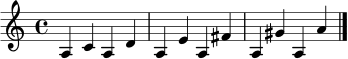 \relative c' { \clef treble \time 4/4 a4 c | a d | a e' | a, fis' | a, gis' | a, a' \bar "|." }