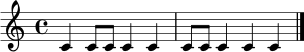 
\relative c' {
  \time 4/4
  c4 c8 c8 c4 c4 |
  c8 c8 c4 c4 c4 \bar "|."
}
