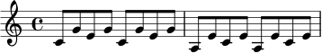 \relative c' {
\time 4/4
c8 g' e g c, g' e g |
a, e' c e a, e' c e |
}