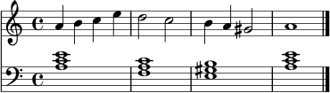 \score {
<<
\new Staff = "melodie" \relative c'' {
\clef treble
\key a \minor
\time 4/4
a4 b c e | d2 c | b4 a gis2 | a1 \bar "|."
}
\new Staff = "harmonie" \relative c' {
\clef bass
\key a \minor
\time 4/4
<a c e>1 | <f a c> | <e gis b> | <a c e> \bar "|."
}
>>
\layout { }
\midi { }
}