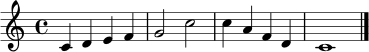 \relative c' { \time 4/4 \key c \major c4 d e f | g2 c | c4 a f d | c1 \bar "|." }