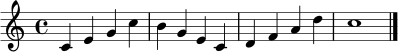 \relative c' {
\clef treble
\key c \major
\time 4/4
c4 e g c | b g e c | d f a d | c1 | \bar "|."
}
