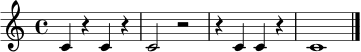 
\relative c' {
  \clef treble
  \time 4/4
  c4 r4 c4 r4 |
  c2 r2 |
  r4 c4 c4 r4 |
  c1 \bar "|."
}
