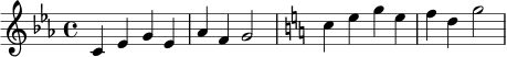 
\relative c' {
  \time 4/4
  \key c \minor
  c4 ees g ees | aes4 f g2 |
  \key c \major
  c4 e g e | f4 d g2 |
}
