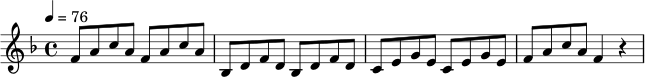 \relative c' {
\key f \major
\time 4/4
\tempo 4 = 76
f8 a c a f a c a |
bes,8 d f d bes d f d |
c8 e g e c e g e |
f8 a c a f4 r4 |
}