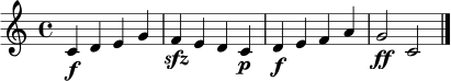 \relative c' {
\clef treble
\time 4/4
c4\f d e g |
f4\sfz e d c\p |
d4\f e f a |
g2\ff c, \bar "|."
}