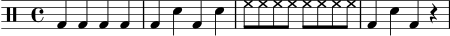 
\header { tagline = "" }
\score {
  \new DrumStaff \drummode {
    \time 4/4
    bd4 bd bd bd |
    bd4 sn bd sn |
    hh8 hh hh hh hh hh hh hh |
    bd4 sn bd r |
  }
  \layout { }
  \midi { \tempo 4 = 88 }
}
