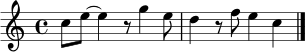 \relative c'' {
\time 4/4
c8 e~ e4 r8 g4 e8 |
d4 r8 f e4 c \bar "|."
}