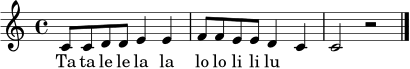 \relative c' {
\key c \major
\time 4/4
c8 c d d e4 e | f8 f e e d4 c | c2 r2 \bar "|."
}
\addlyrics { Ta ta le le la la lo lo li li lu }