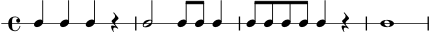 
\score {
  \new RhythmicStaff {
    \time 4/4
    c4 c4 c4 r4 | c2 c8 c c4 | c8 c c8 c c4 r4 | c1 |
  }
  \layout { }
  \midi { \tempo 4 = 92 }
}
