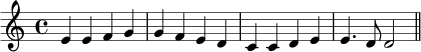 
\relative c' {
  \key c \major
  \time 4/4
  e4 e f g | g f e d | c c d e | e4. d8 d2 | \bar "||"
}
