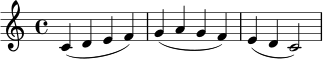 \relative c' {
\clef treble
\time 4/4
c4( d e f) | g4( a g f) | e4( d c2) |
}