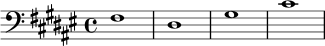 
\relative c {
  \clef bass
  \key fis \major
  \time 4/4
  fis1 | dis1 | gis1 | cis1 |
}
