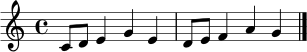 \relative c' { \clef treble \key c \major \time 4/4 c8 d e4 g4 e | d8 e f4 a4 g \bar "|." }