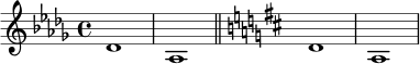 \relative c' {
\time 4/4
\key des \major
des1 | aes1 |
\bar "||"
\key d \major
d1 | a1 |
}