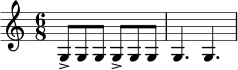 \relative c' {
\time 6/8
g8-> g g g-> g g |
g4. g4. |
}