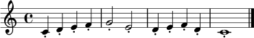 \relative c' {
\clef treble
\time 4/4
c4-. d-. e-. f-. | g2-. e-. | d4-. e-. f-. d-. | c1-. \bar "|."
}