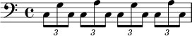 \relative c {
\clef bass
\key c \major
\time 4/4
\tuplet 3/2 { c8 g' c, }
\tuplet 3/2 { c8 a' c, }
\tuplet 3/2 { c8 g' c, }
\tuplet 3/2 { c8 a' c, }
}