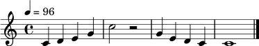 \relative c' { \set Staff.midiInstrument = "acoustic grand" \tempo 4 = 96 \clef treble \time 4/4 c4 d e g | c2 r2 | g4 e d c | c1 \bar "|." }