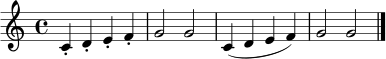 \relative c' {
\clef treble
\key c \major
\time 4/4
c4-. d-. e-. f-. | g2 g | c,4( d e f) | g2 g \bar "|."
}