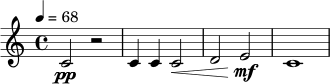 \relative c' {
\key c \major
\time 4/4
\tempo 4 = 68
c2\pp r2 |
c4 c c2\< |
d2 e2\mf |
c1\>\! |
}