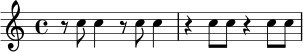 \relative c'' {
\time 4/4
r8 c8 c4 r8 c8 c4 | r4 c8 c r4 c8 c |
}