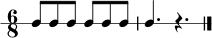
\version "2.22.0"
\paper { indent = 0\mm line-width = 135\mm }
\header { tagline = ##f }
\score {
  \new RhythmicStaff {
    \numericTimeSignature
    \time 6/8
    c'8 c'8 c'8 c'8 c'8 c'8 |
    c'4. r4. \bar "|."
  }
  \layout { }
  \midi { \tempo 4. = 60 }
}
