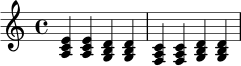 \relative c' {
\key a \minor
\time 4/4
<a c e>4 <a c e> <g b d> <g b d> |
<f a c>4 <f a c> <g b d> <g b d> |
}