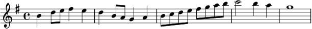 \relative c'' {
\key g \major
\time 4/4
b4 d8 e fis4 e |
d4 b8 a g4 a |
b8 c d e fis g a b |
c2 b4 a |
g1
}