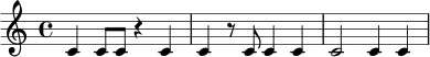 \relative c' {
\time 4/4
c4 c8 c8 r4 c4 |
c4 r8 c8 c4 c4 |
c2 c4 c4
}