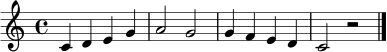 
\relative c' { \clef treble \key c \major \time 4/4 c4 d e g | a2 g | g4 f e d | c2 r2 \bar "|." }
