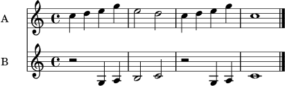 \score {
<<
\new Staff \with { instrumentName = "A" midiInstrument = "flute" } \relative c'' {
\key c \major
\time 4/4
c4 d e g | e2 d | c4 d e g | c,1 \bar "|."
}
\new Staff \with { instrumentName = "B" midiInstrument = "clarinet" } \relative c' {
\key c \major
\time 4/4
r2 g4 a | b2 c | r2 g4 a | c1 \bar "|."
}
>>
\layout { }
\midi { \tempo 4 = 88 }
}
