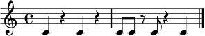 \relative c' {
\time 4/4
c4 r4 c4 r4 |
c8 c8 r8 c8 r4 c4 |
\bar "|."
}