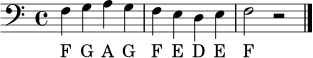 \relative c {
\clef bass
\time 4/4
f4 g a g | f e d e | f2 r2 \bar "|."
}
\addlyrics { F G A G F E D E F }