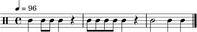 \relative c' {
\clef percussion
\time 4/4
\tempo 4 = 96
c4 c8 c c4 r4 | c8 c c c c4 r4 | c2 c4 c \bar "|."
}