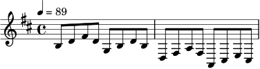 
\relative c' {
  \key b \minor
  \time 4/4
  \tempo 4 = 89
  b8 d fis d g, b d b |
  d,8 fis a fis a, cis e cis |
}
