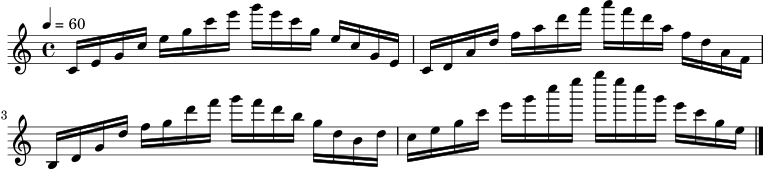 
\relative c' {
  \key c \major
  \time 4/4
  \tempo 4 = 60
  c16 e g c e g c e g e c g e c g e |
  c16 d a' d f a d f a f d a f d a f |
  b,16 d g d' f g d' f g f d b g d b d |
  c16 e g c e g c e g e c g e c g e \bar "|."
}

